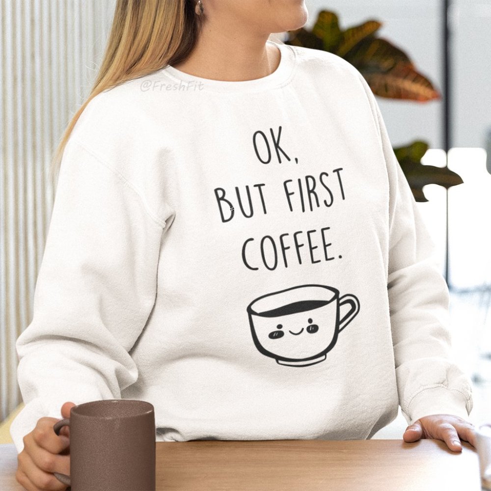 🆕OK But First Coffee Graphic White Fleece Crew Sweatshirt - Picture 1 of 2
